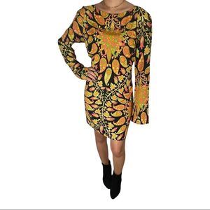 Retro Large ZARA Long Sleeve Black Mini Dress with MultiColor Paisley Designs.